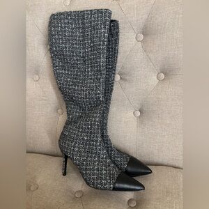 Gray Tweed Knee-High Boots